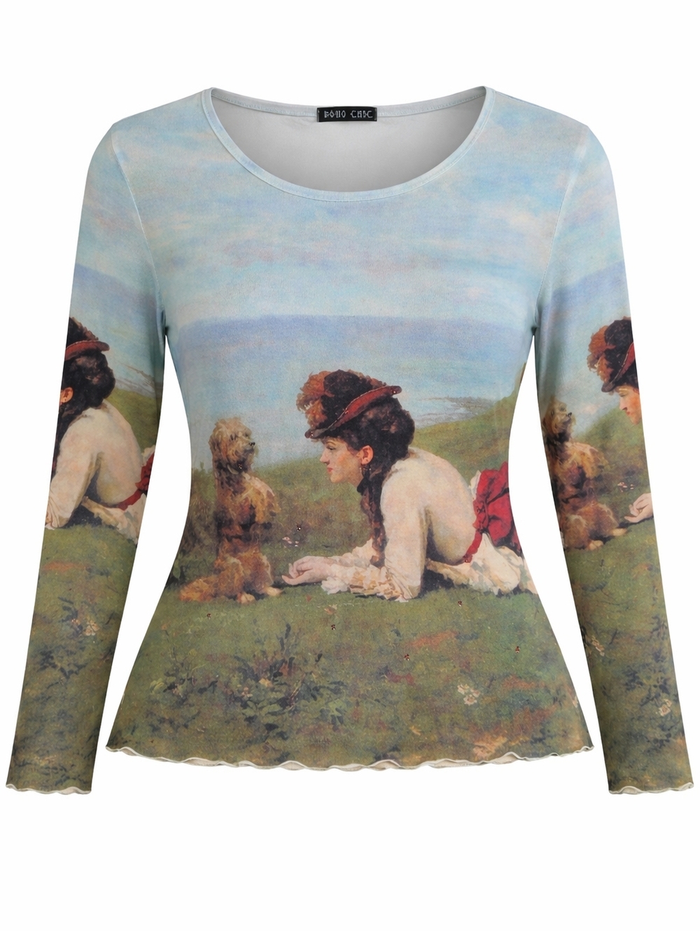 Boho Chic Made In USA Artistic Long Sleeve Top with Scenic Dog Woman Print Sz L